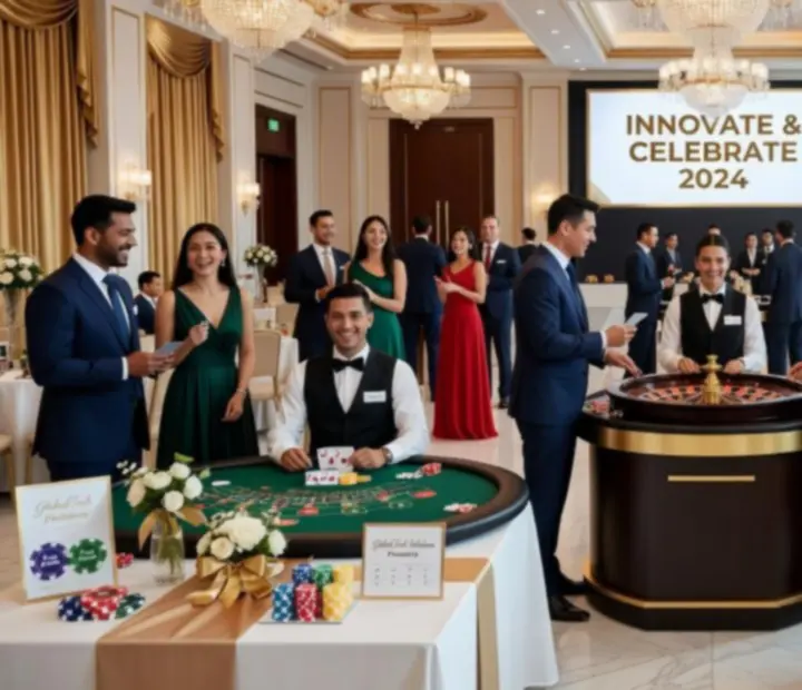 Elegancki event firmowy w stylu casino-style z gośćmi przy stołach do gier