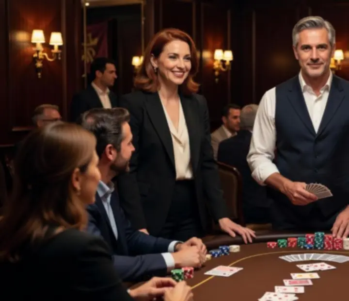 Profesjonalny prowadzący i krupier przy stole pokerowym